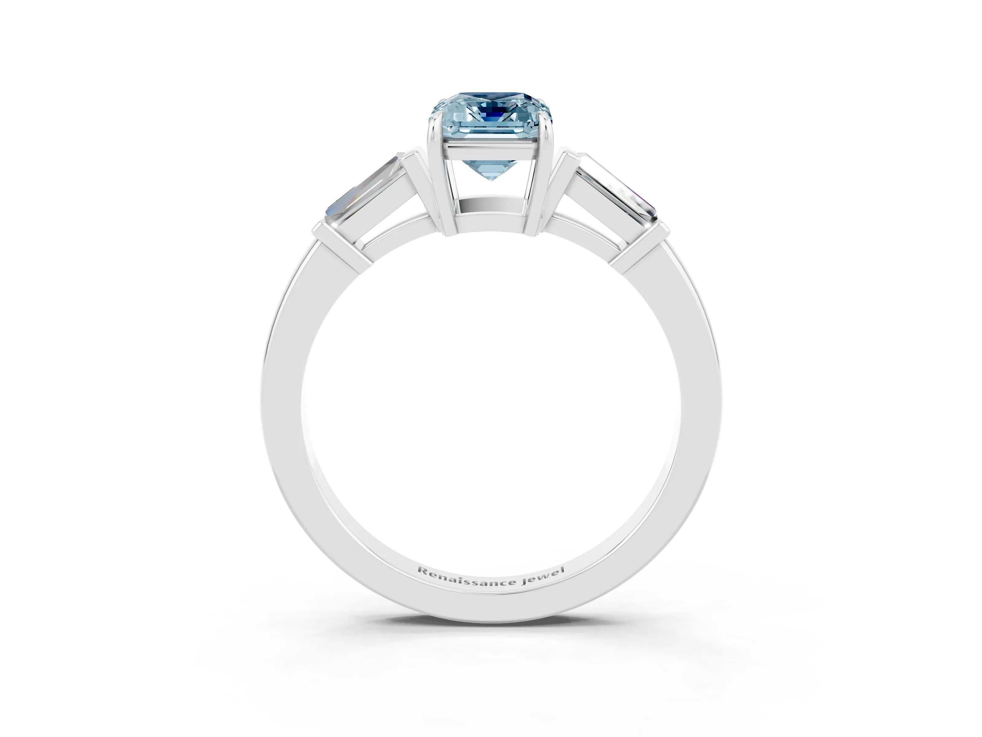 White gold Emerald Cut Cut Diamond Ring with Tapered Baguette Side Stones in Four-Prong Setting_3