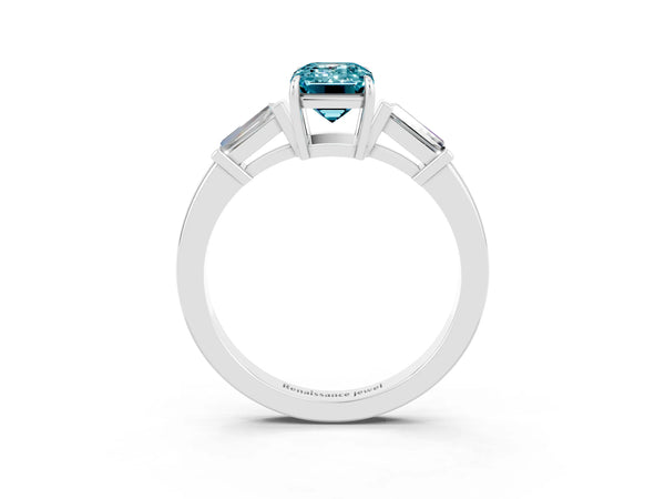 Platinum Emerald Cut Cut Diamond Ring with Tapered Baguette Side Stones in Four-Prong Setting