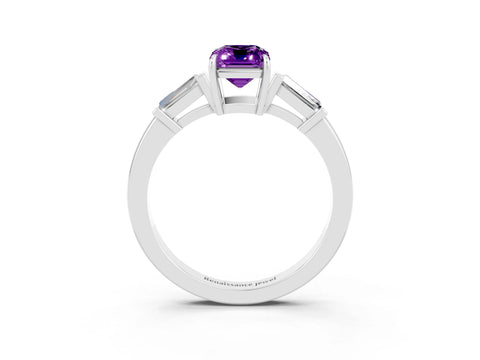 White gold Emerald Cut Cut Diamond Ring with Tapered Baguette Side Stones in Four-Prong Setting_3