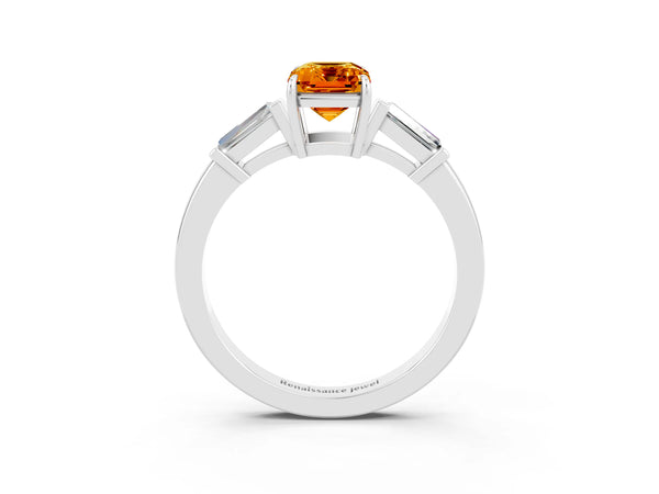Platinum Emerald Cut Citrine Three-Stone Ring with Tapered Baguette Side Stones and Prong Setting