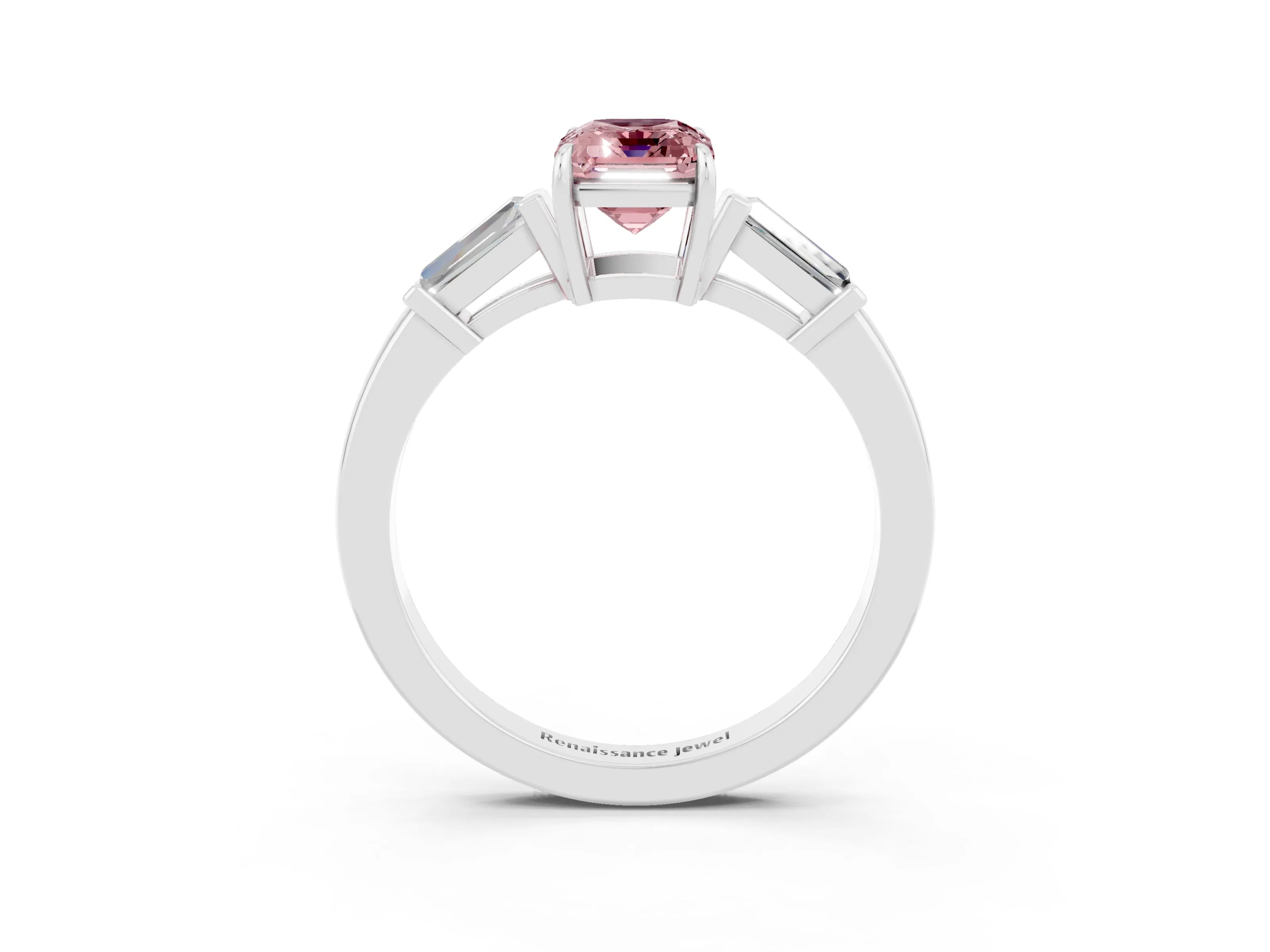 White gold Emerald Cut Cut Diamond Ring with Tapered Baguette Side Stones in Four-Prong Setting_3