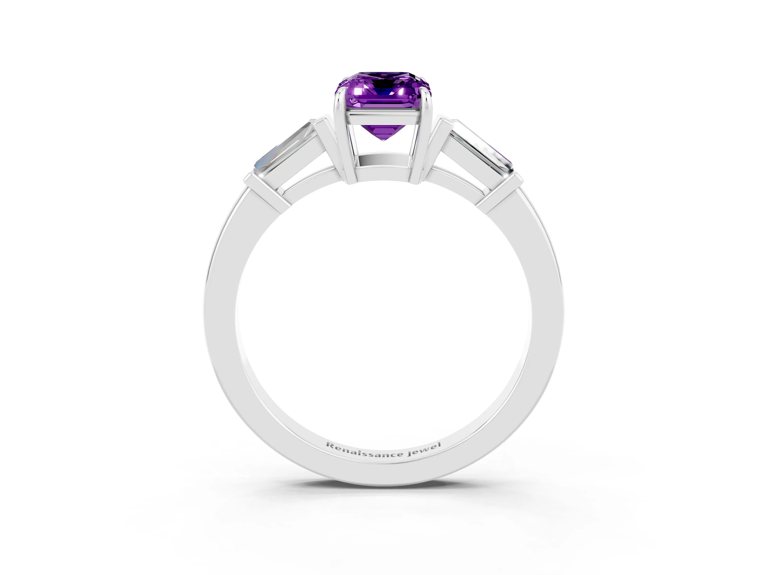 White gold Emerald Cut Cut Diamond Ring with Tapered Baguette Side Stones in Four-Prong Setting_3