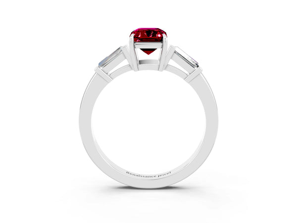 Platinum Emerald Cut Garnet Three-Stone Ring with Tapered Baguette Side Stones and Prong Setting