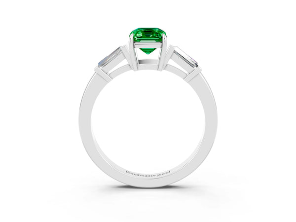 Silver Emerald Cut Emerald Three-Stone Ring with Tapered Baguette Side Stones and Prong Setting