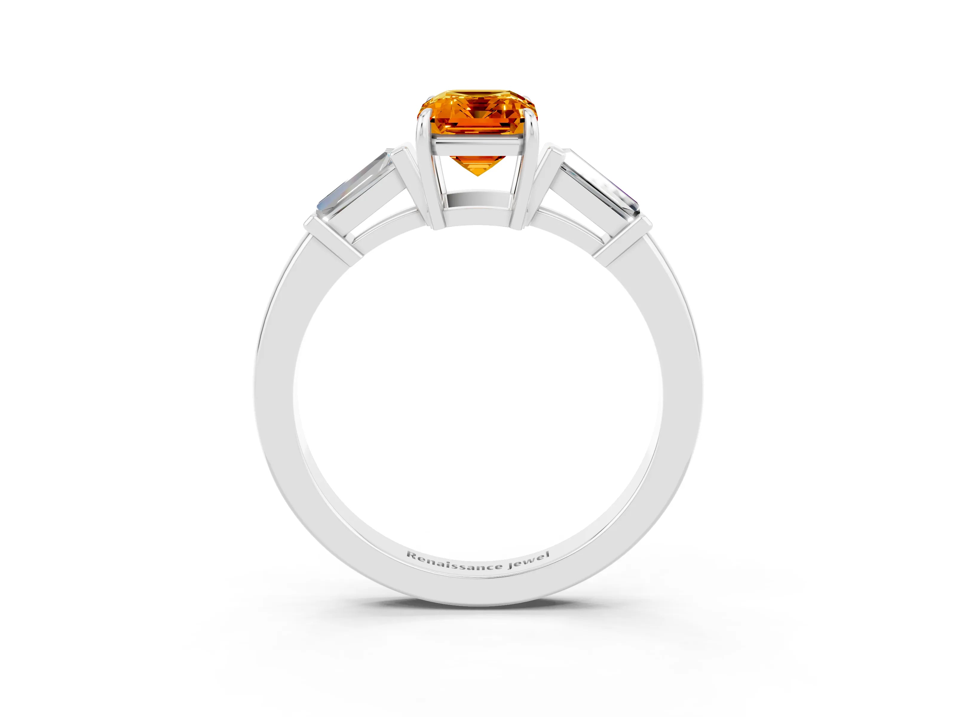 White gold Emerald Cut Cut Diamond Ring with Tapered Baguette Side Stones in Four-Prong Setting_3