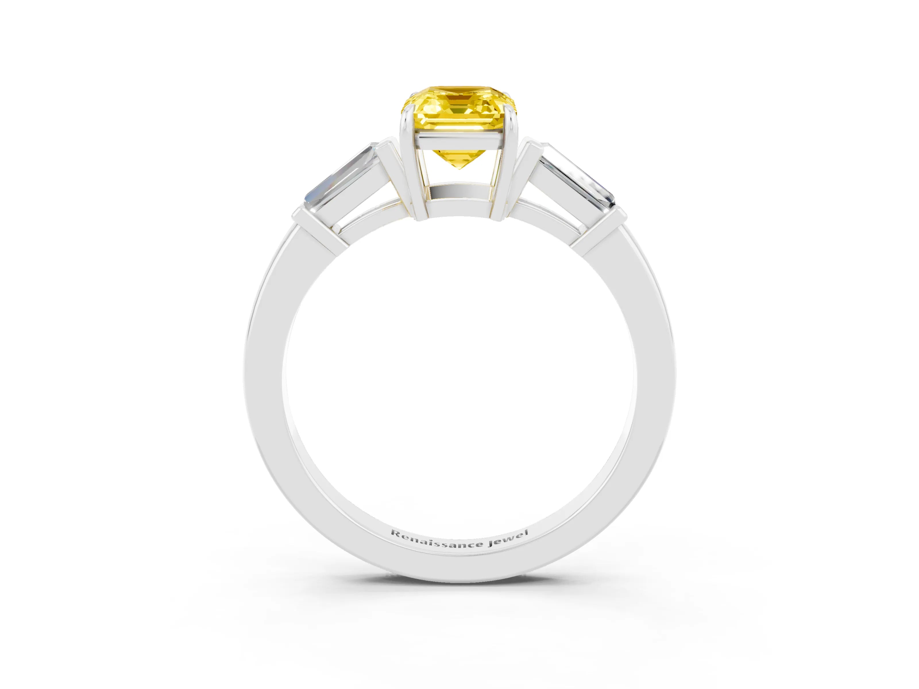 White gold Emerald Cut Cut Diamond Ring with Tapered Baguette Side Stones in Four-Prong Setting_3
