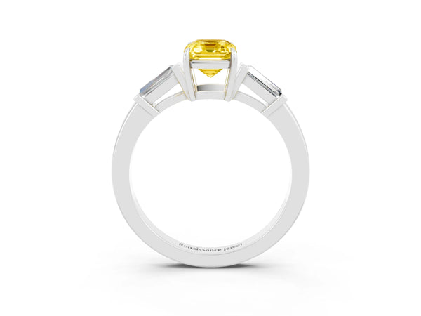 Platinum Emerald Cut Yellow Sapphire Three-Stone Ring with Tapered Baguette Side Stones and Prong Setting