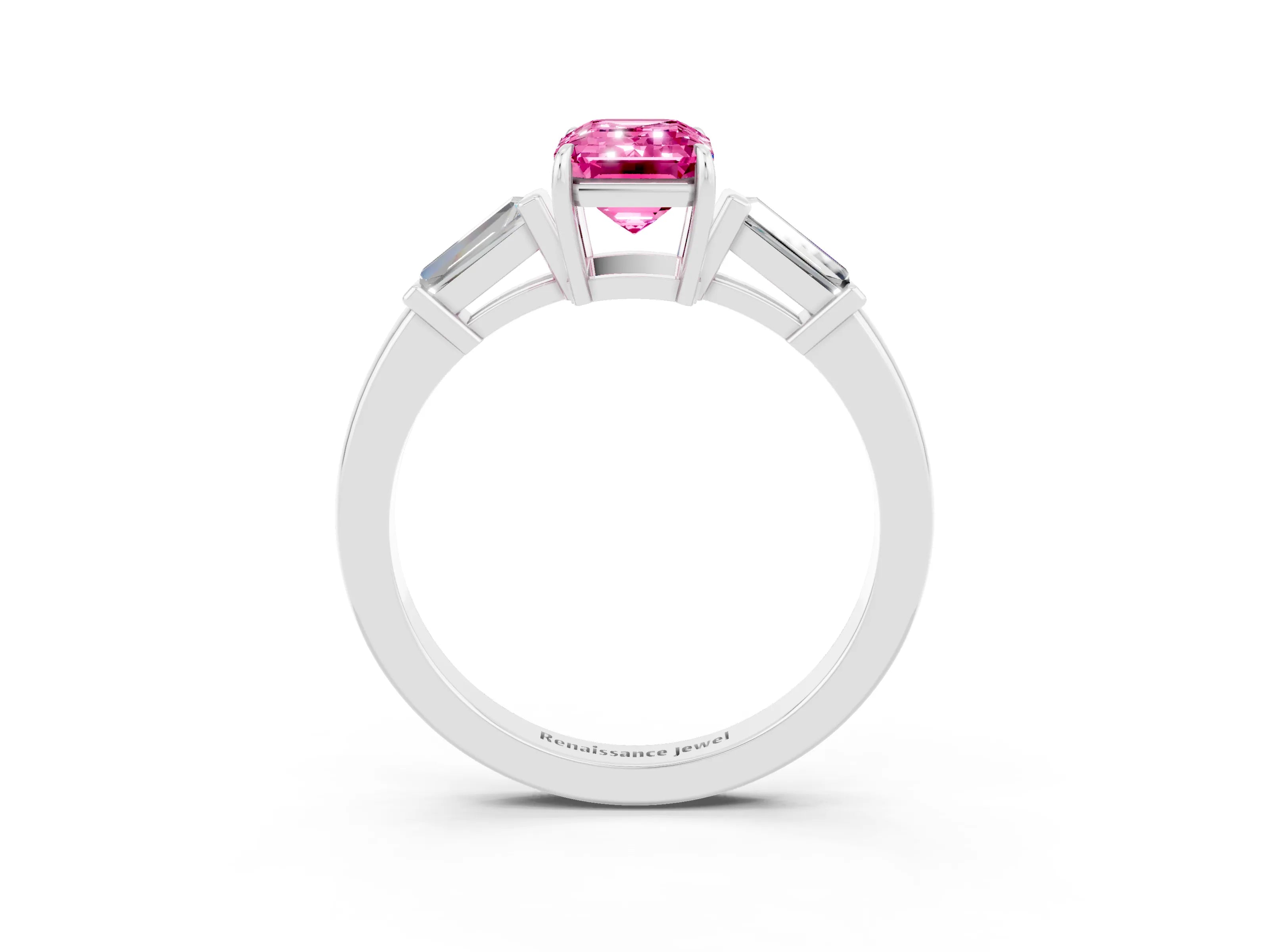 White gold Emerald Cut Cut Diamond Ring with Tapered Baguette Side Stones in Four-Prong Setting_3