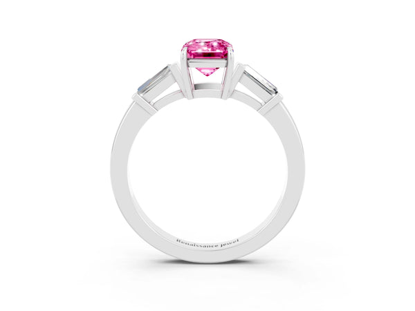 Silver Emerald Cut Pink Sapphire Three-Stone Ring with Tapered Baguette Side Stones and Prong Setting