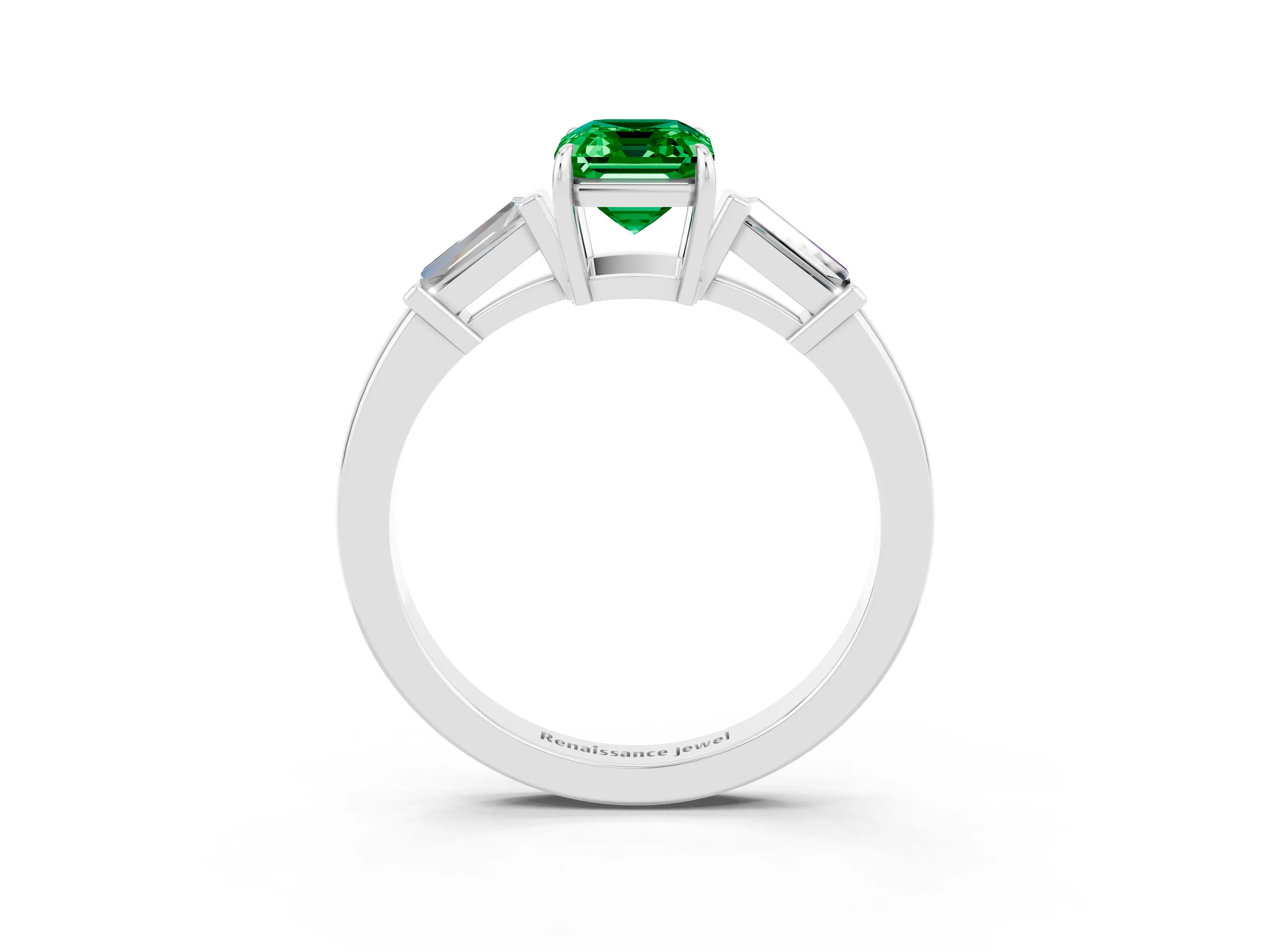 White gold Emerald Cut Cut Diamond Ring with Tapered Baguette Side Stones in Four-Prong Setting_3