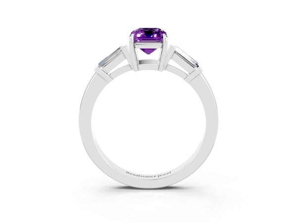 Platinum Emerald Cut Amethyst Three-Stone Ring with Tapered Baguette Side Stones and Prong Setting