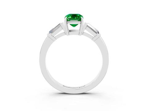 White gold Emerald Cut Cut Diamond Ring with Tapered Baguette Side Stones in Four-Prong Setting_3