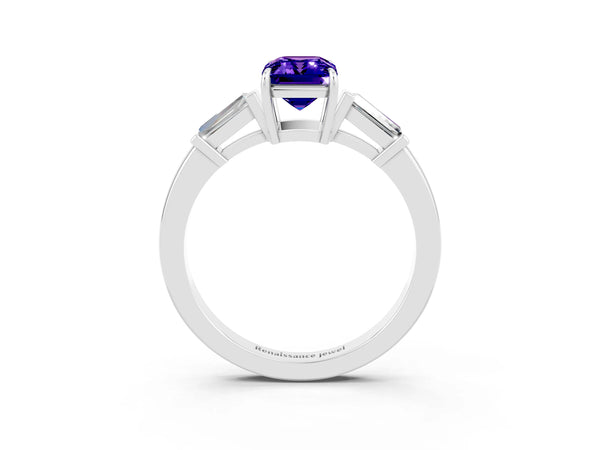 Silver Emerald Cut Tanzanite Three-Stone Ring with Tapered Baguette Side Stones and Prong Setting