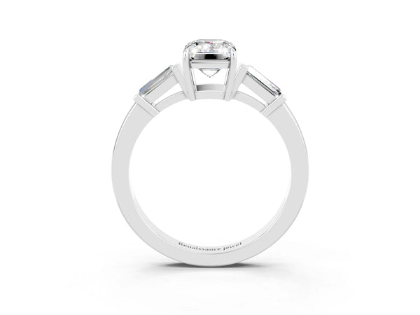 White gold Emerald Cut Moissanite Three-Stone Ring with Tapered Baguette Side Stones and Prong Setting