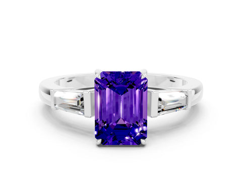 White gold Emerald Cut Cut Diamond Ring with Tapered Baguette Side Stones in Four-Prong Setting