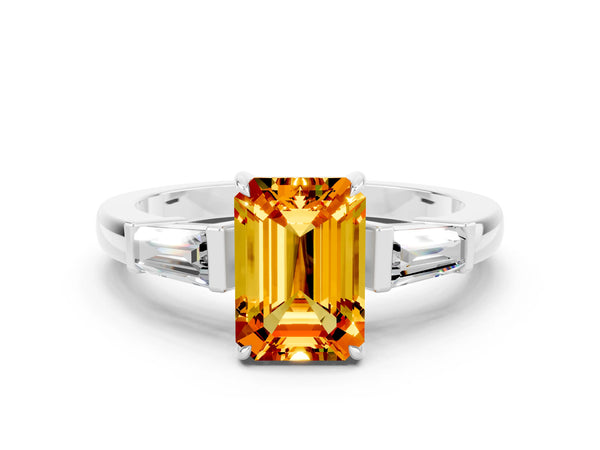 White gold Emerald Cut Citrine Three-Stone Ring with Tapered Baguette Side Stones and Prong Setting