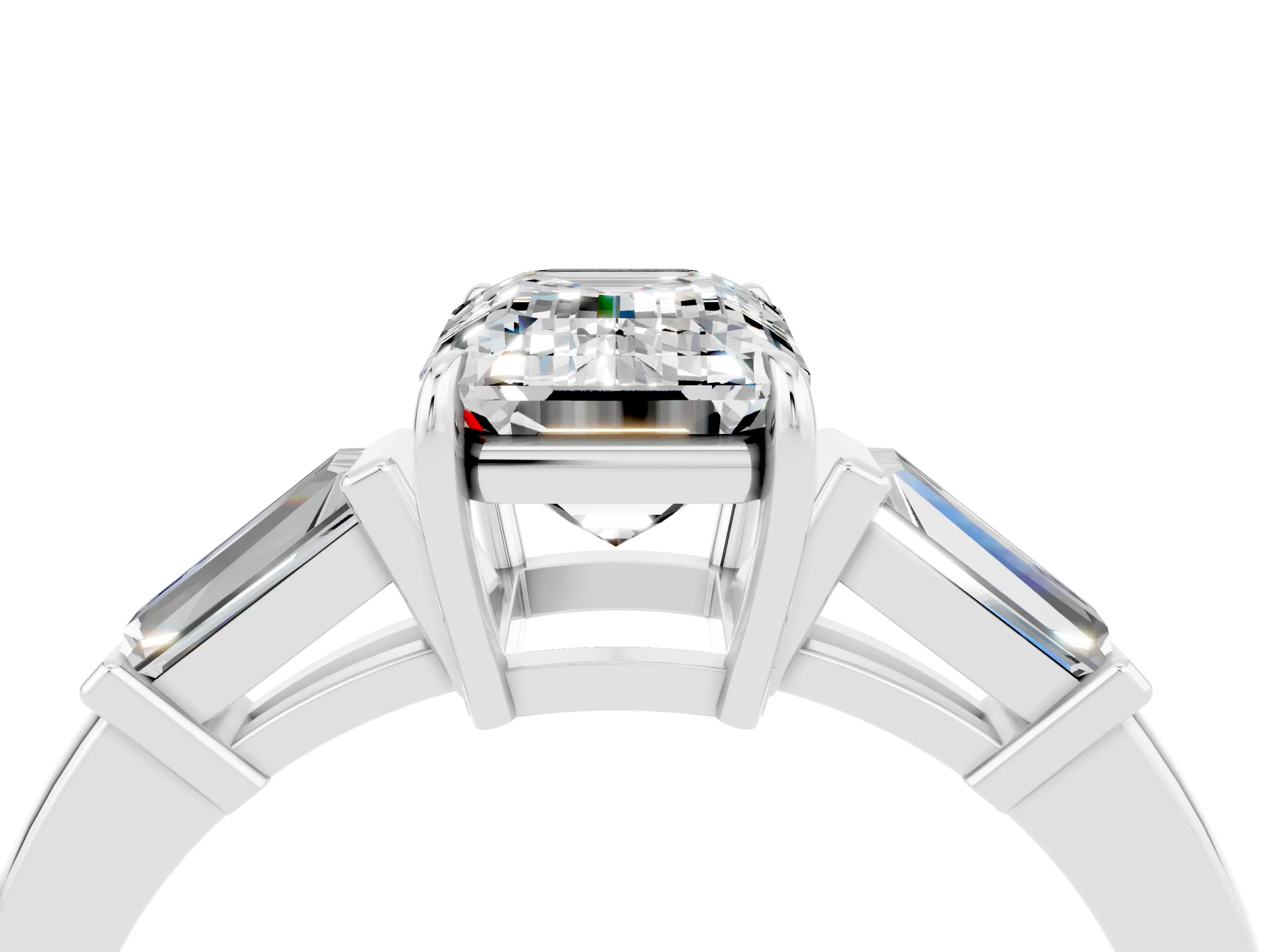 White gold Emerald Cut Cut Diamond Ring with Tapered Baguette Side Stones in Four-Prong Setting_4
