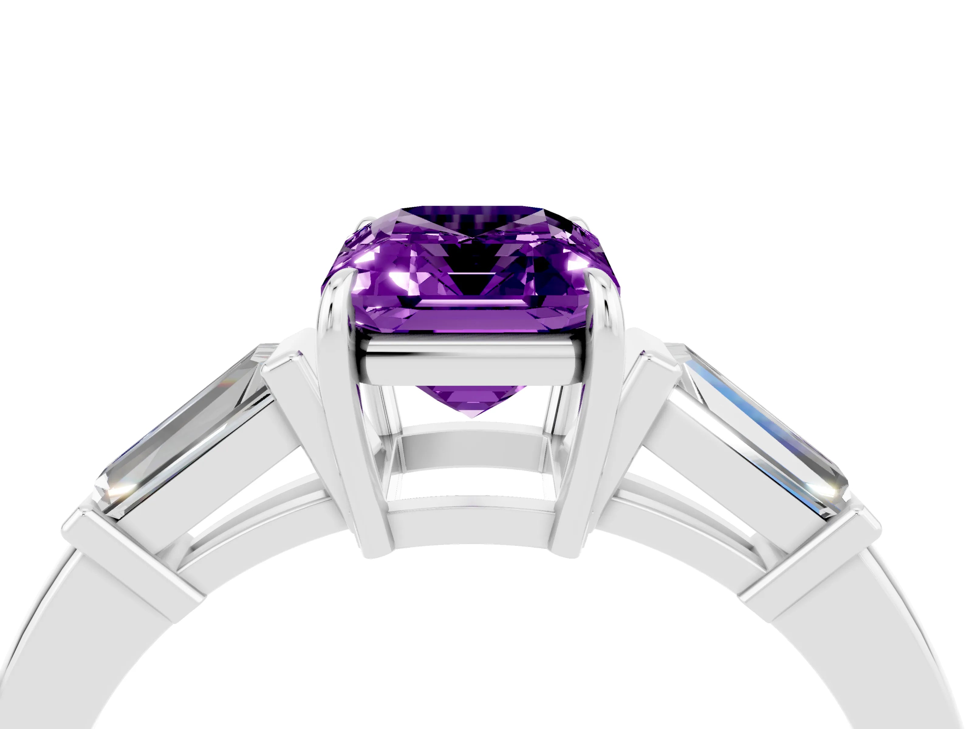White gold Emerald Cut Cut Diamond Ring with Tapered Baguette Side Stones in Four-Prong Setting_4