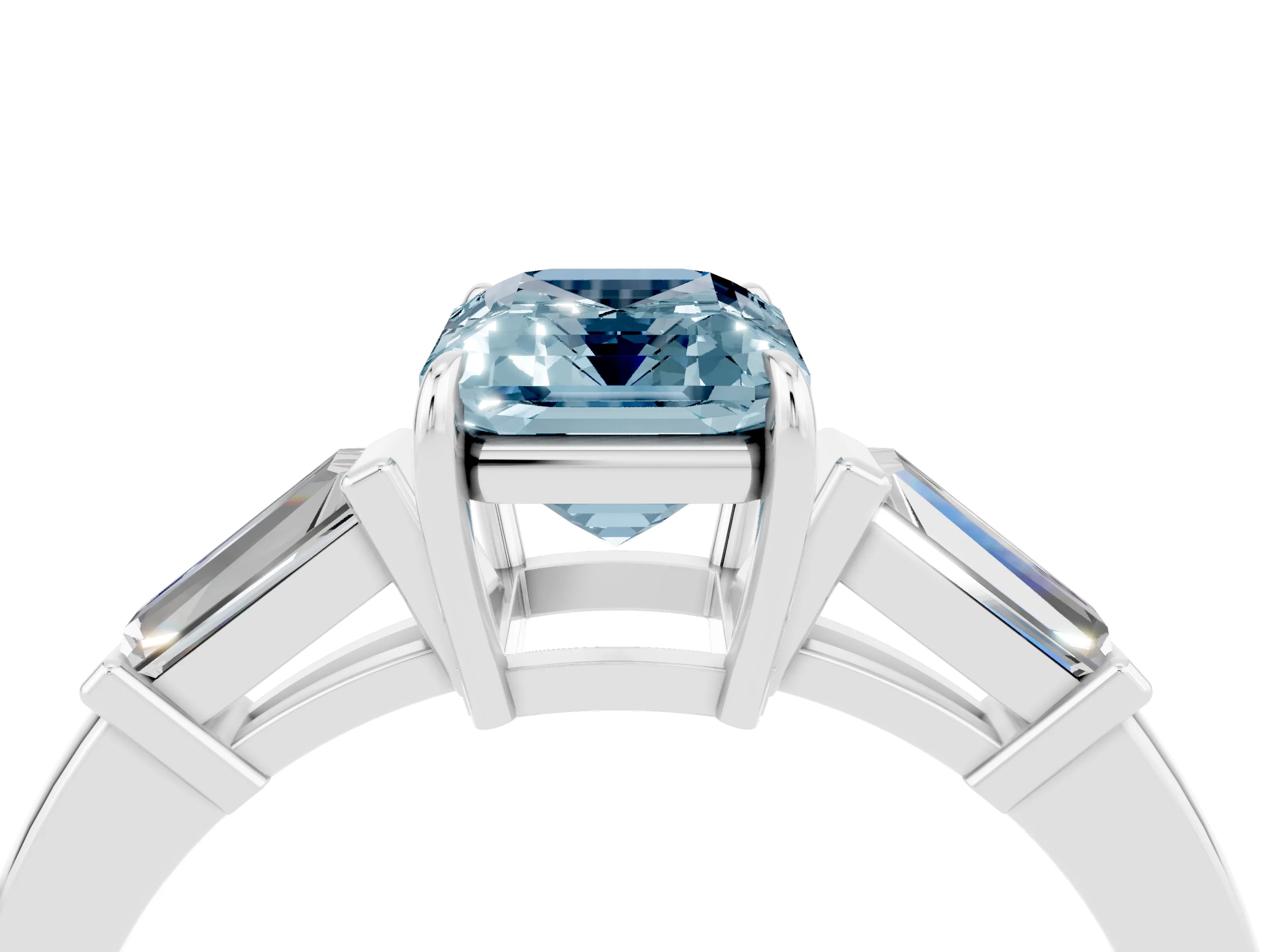 White gold Emerald Cut Cut Diamond Ring with Tapered Baguette Side Stones in Four-Prong Setting_4