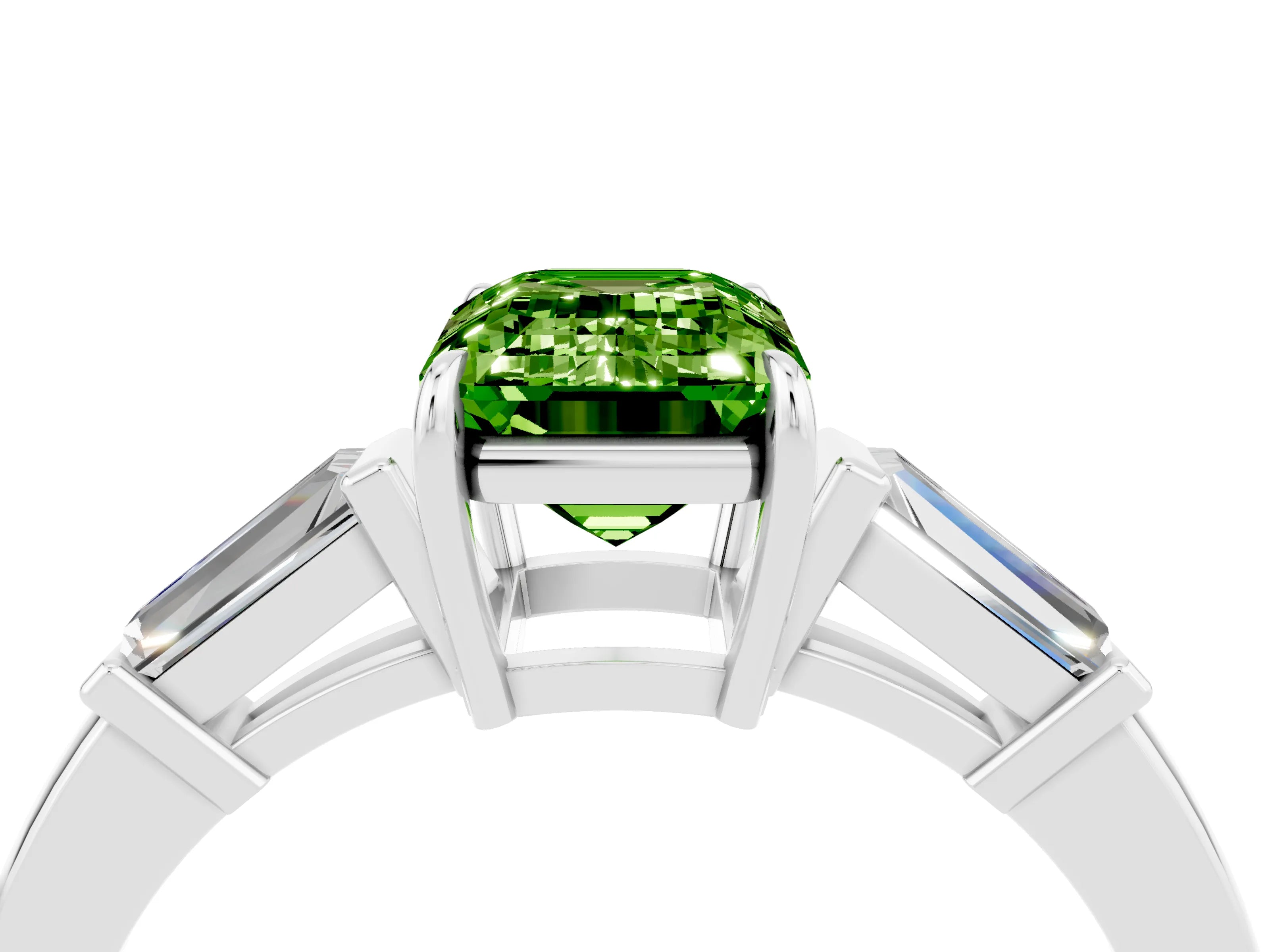 White gold Emerald Cut Cut Diamond Ring with Tapered Baguette Side Stones in Four-Prong Setting_4
