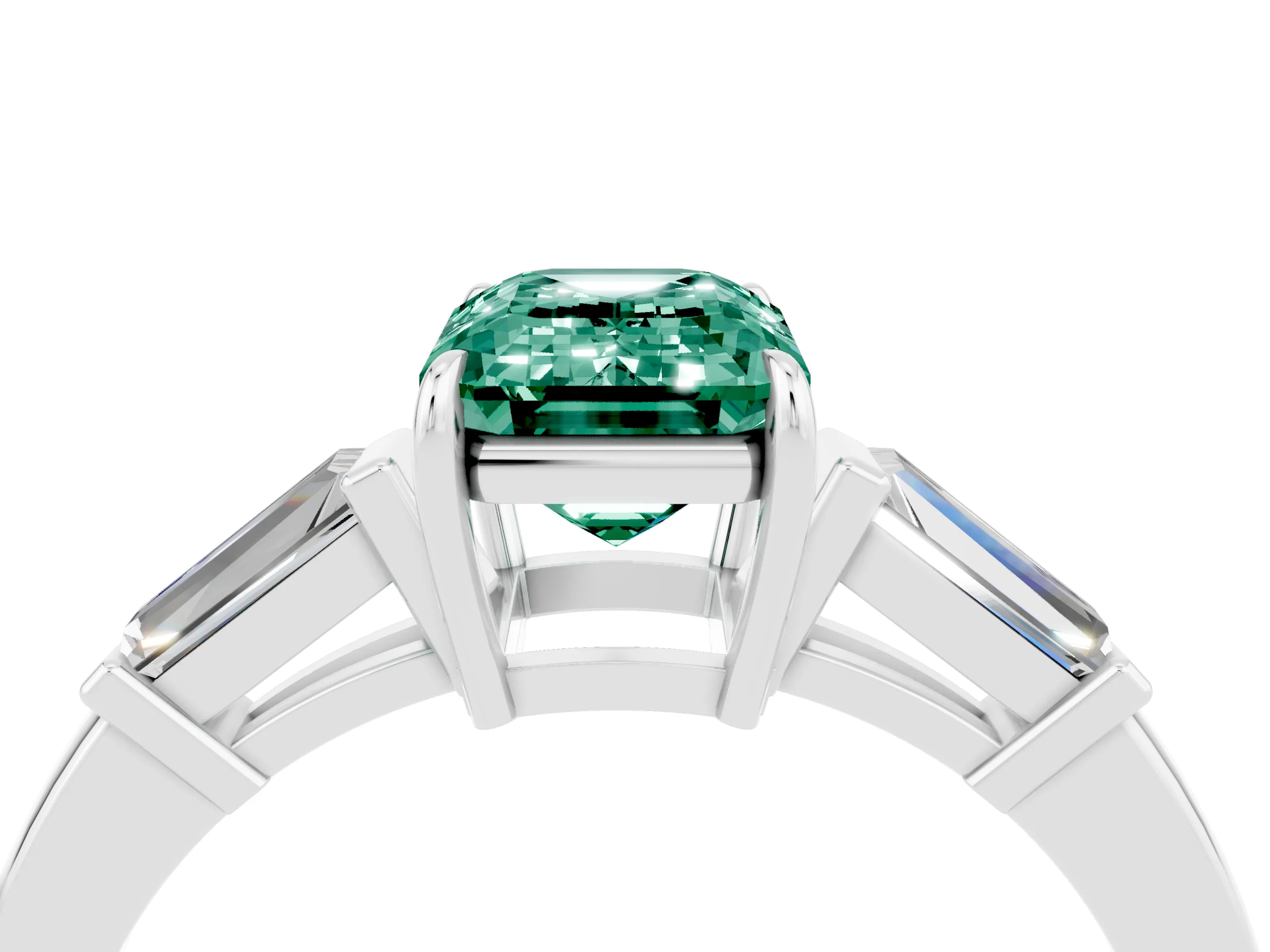 White gold Emerald Cut Cut Diamond Ring with Tapered Baguette Side Stones in Four-Prong Setting_4