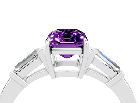 White gold Emerald Cut Cut Diamond Ring with Tapered Baguette Side Stones in Four-Prong Setting_4