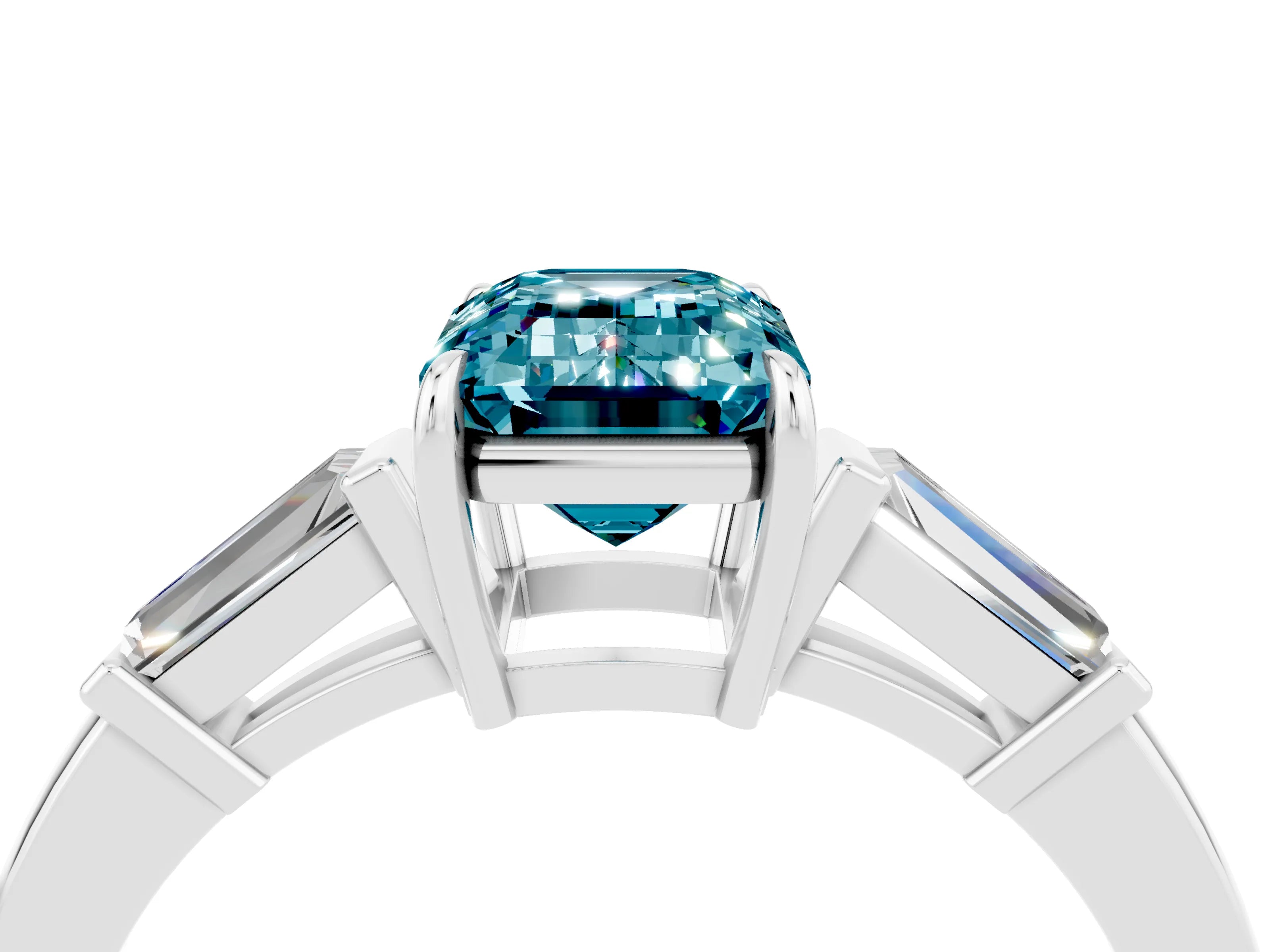White gold Emerald Cut Cut Diamond Ring with Tapered Baguette Side Stones in Four-Prong Setting_4
