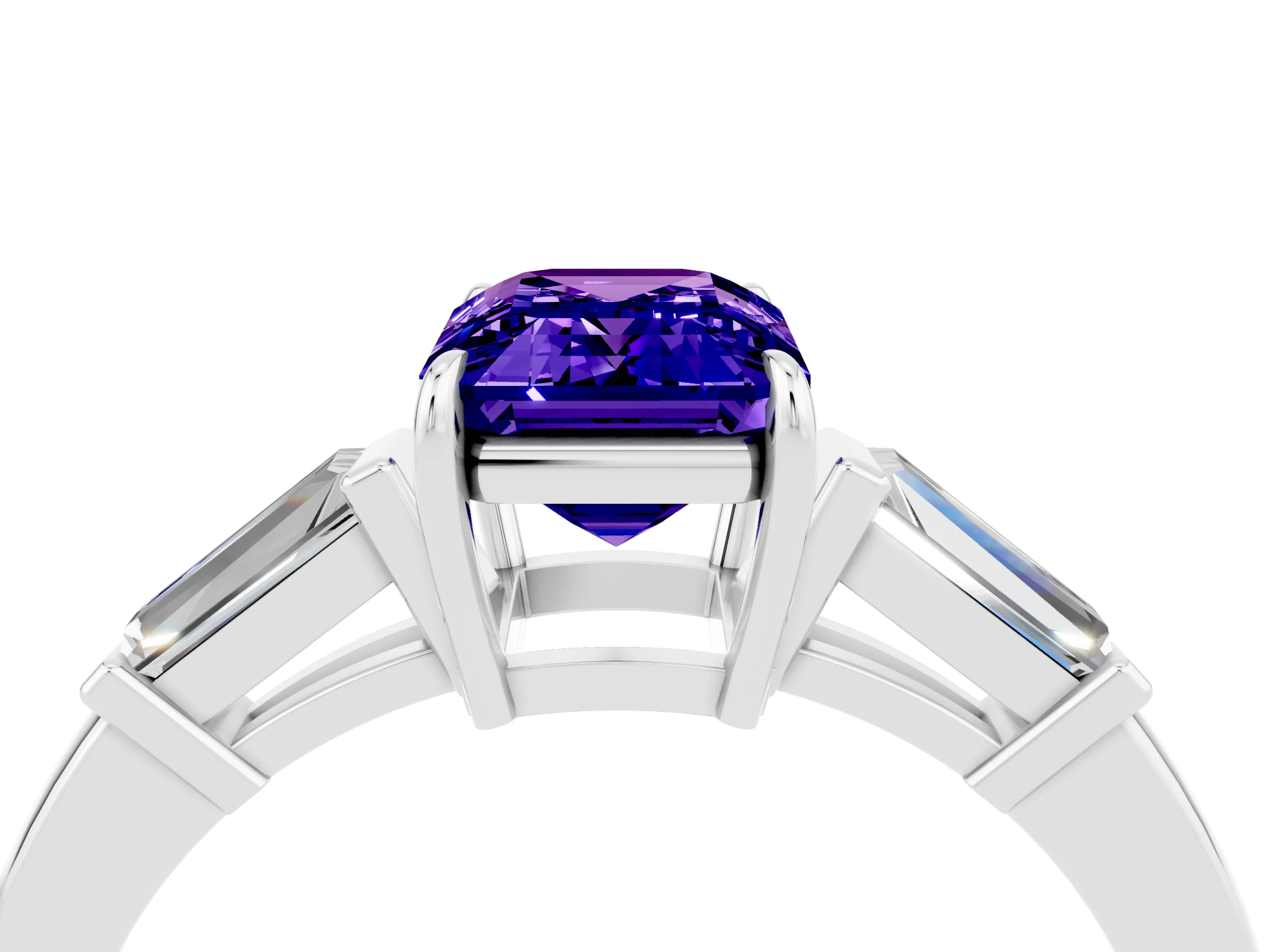 White gold Emerald Cut Cut Diamond Ring with Tapered Baguette Side Stones in Four-Prong Setting_4