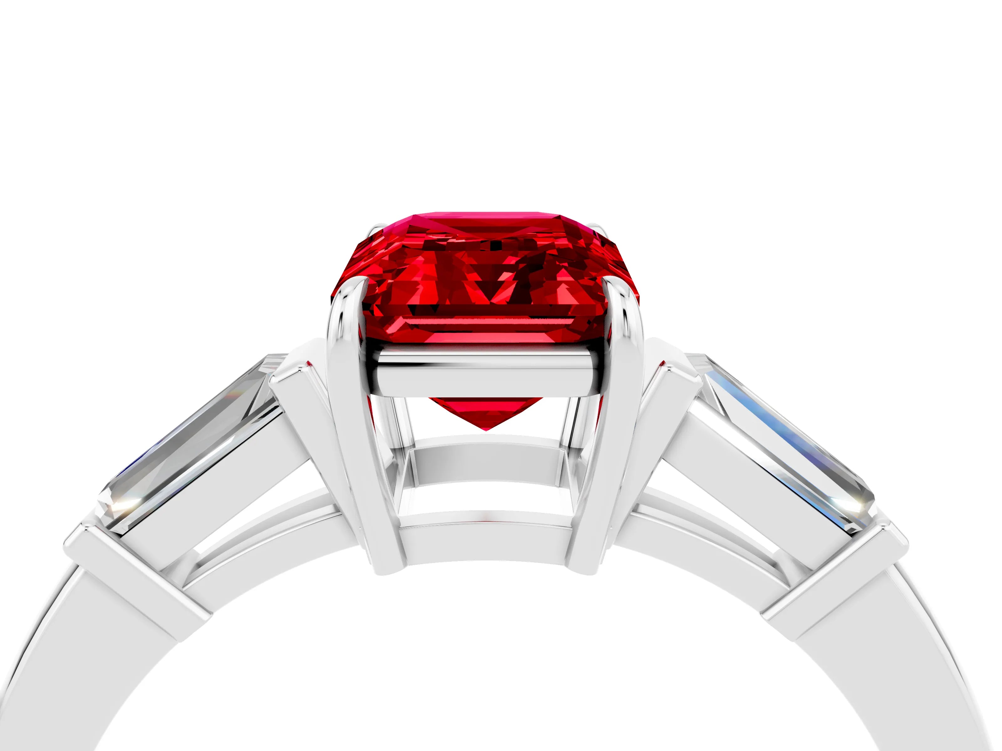 White gold Emerald Cut Cut Diamond Ring with Tapered Baguette Side Stones in Four-Prong Setting_4