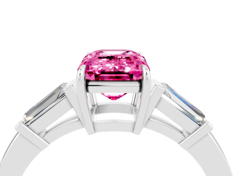 White gold Emerald Cut Cut Diamond Ring with Tapered Baguette Side Stones in Four-Prong Setting_4