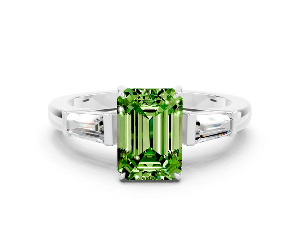 Platinum Emerald Cut Cut Diamond Ring with Tapered Baguette Side Stones in Four-Prong Setting