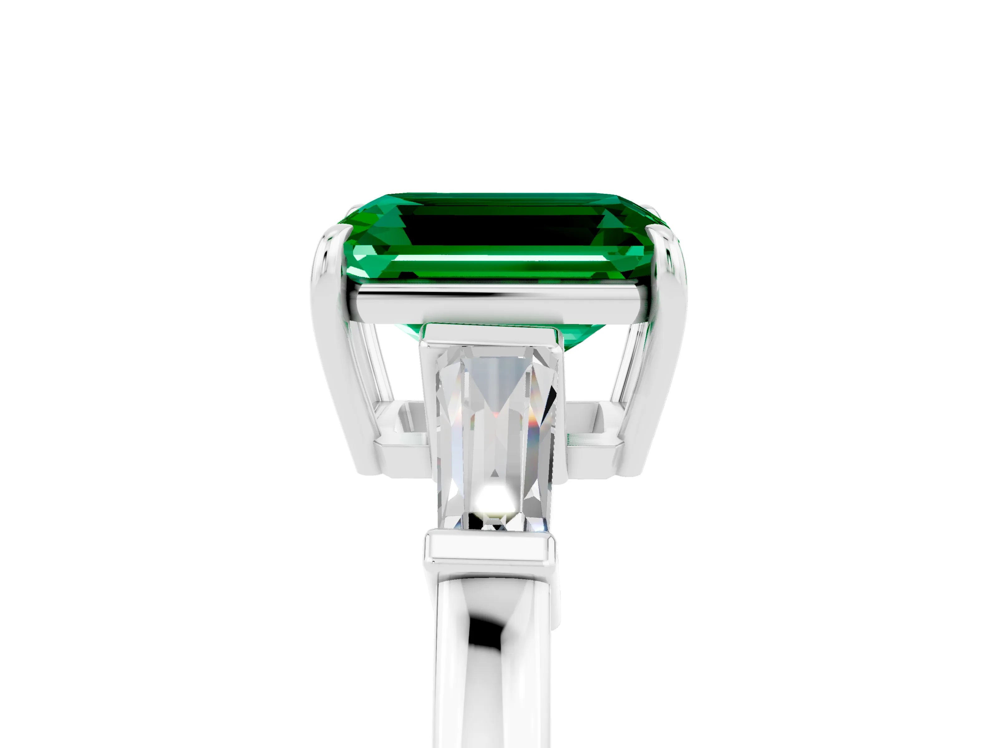 White gold Emerald Cut Cut Diamond Ring with Tapered Baguette Side Stones in Four-Prong Setting_5