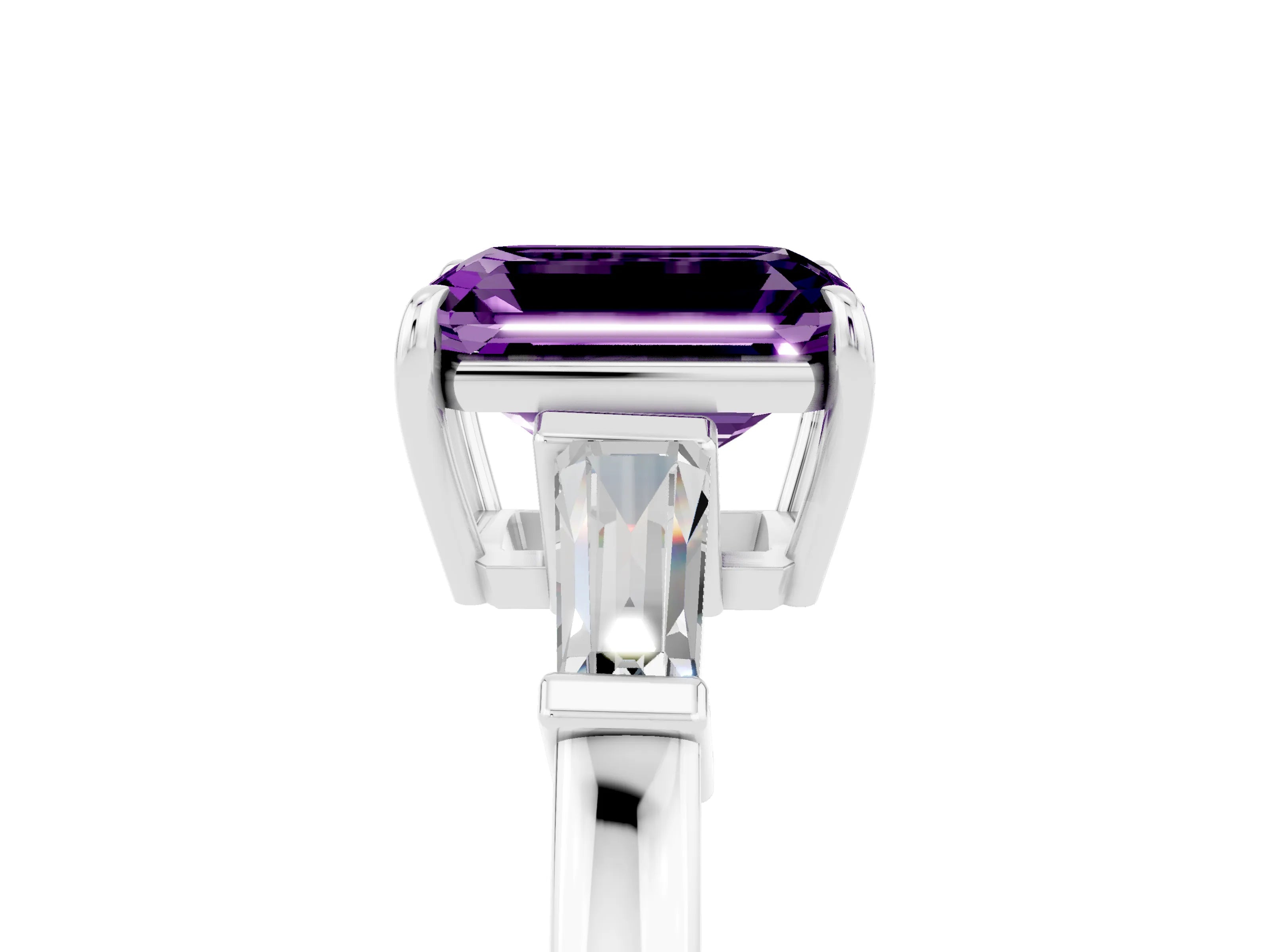 White gold Emerald Cut Cut Diamond Ring with Tapered Baguette Side Stones in Four-Prong Setting_5