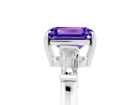 White gold Emerald Cut Cut Diamond Ring with Tapered Baguette Side Stones in Four-Prong Setting_5