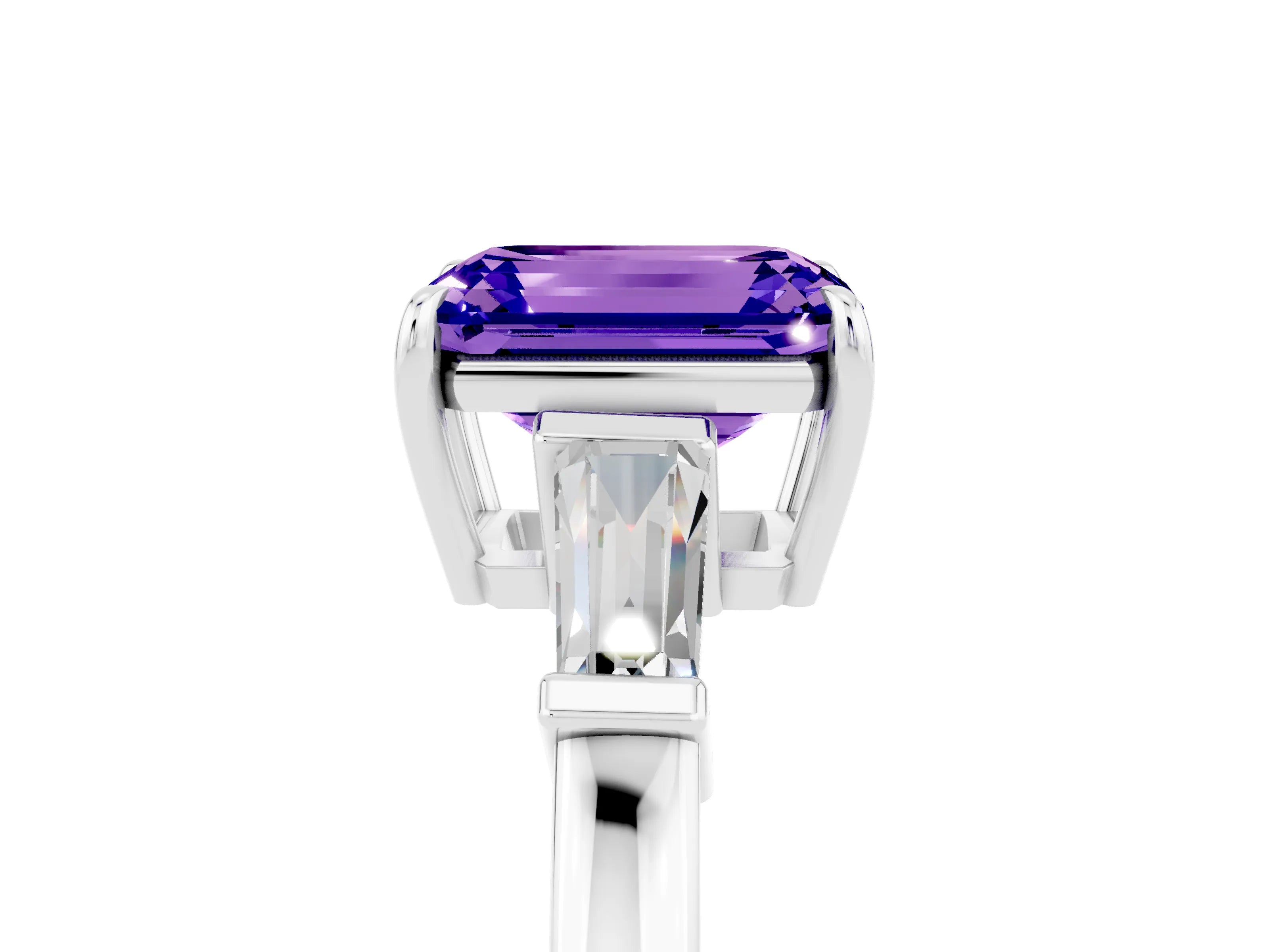 White gold Emerald Cut Cut Diamond Ring with Tapered Baguette Side Stones in Four-Prong Setting_5