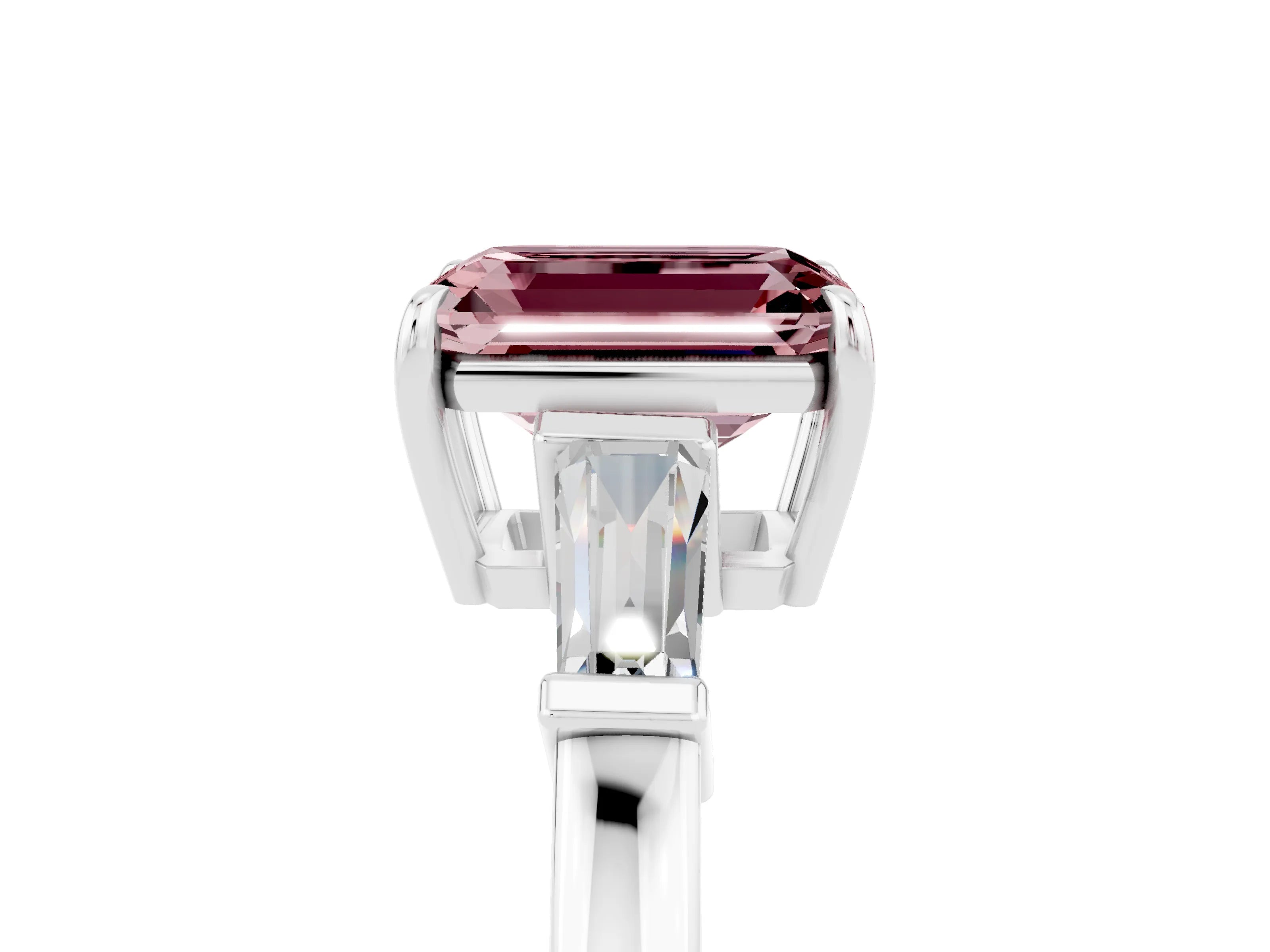 White gold Emerald Cut Cut Diamond Ring with Tapered Baguette Side Stones in Four-Prong Setting_5