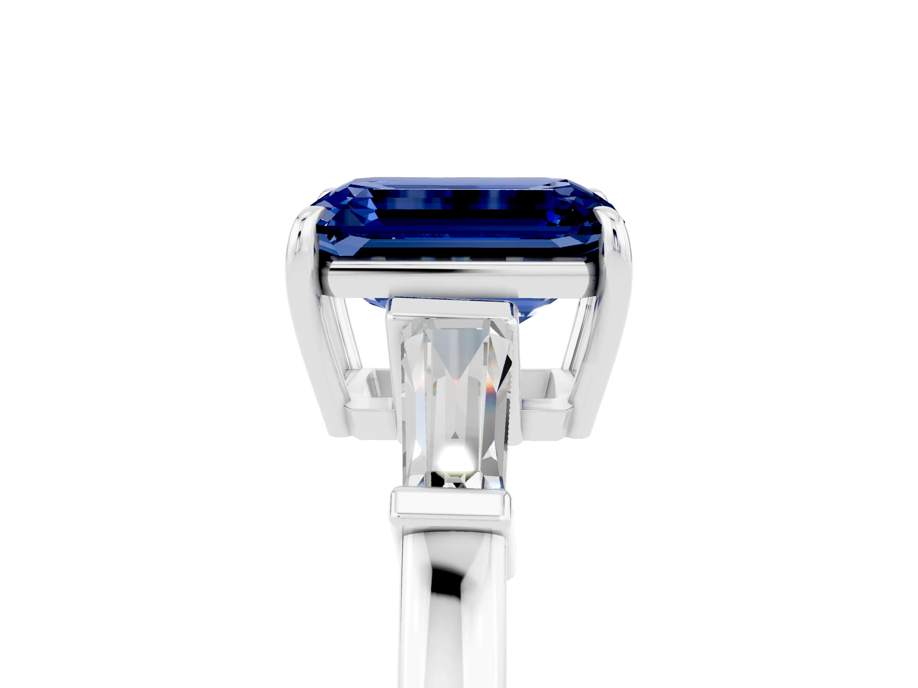 White gold Emerald Cut Cut Diamond Ring with Tapered Baguette Side Stones in Four-Prong Setting_5