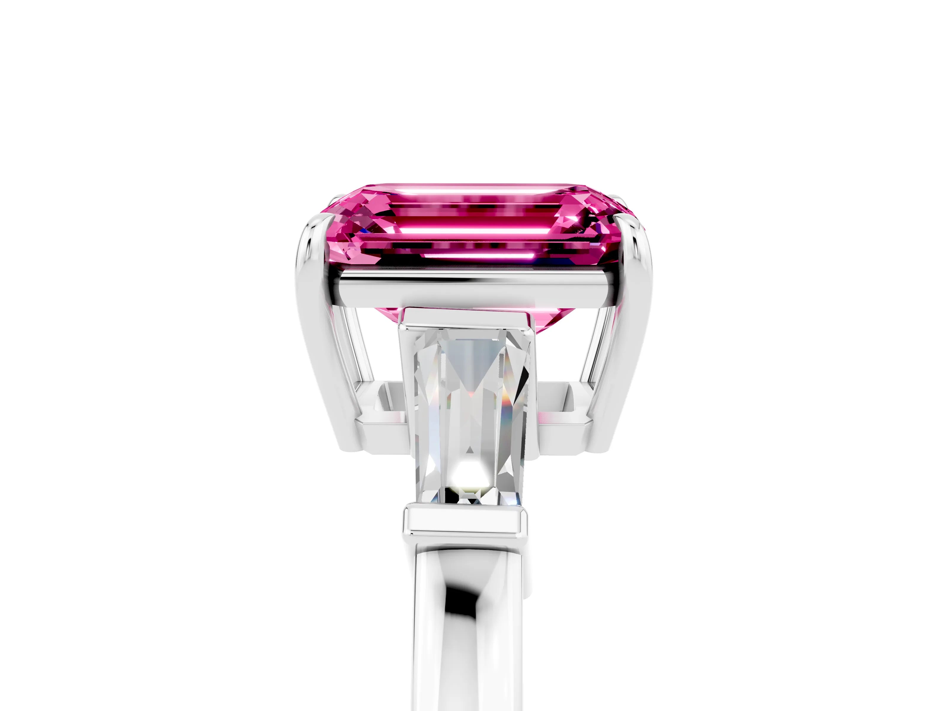 White gold Emerald Cut Cut Diamond Ring with Tapered Baguette Side Stones in Four-Prong Setting_5