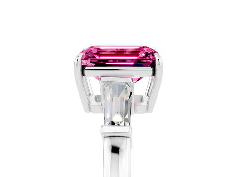 White gold Emerald Cut Cut Diamond Ring with Tapered Baguette Side Stones in Four-Prong Setting_5