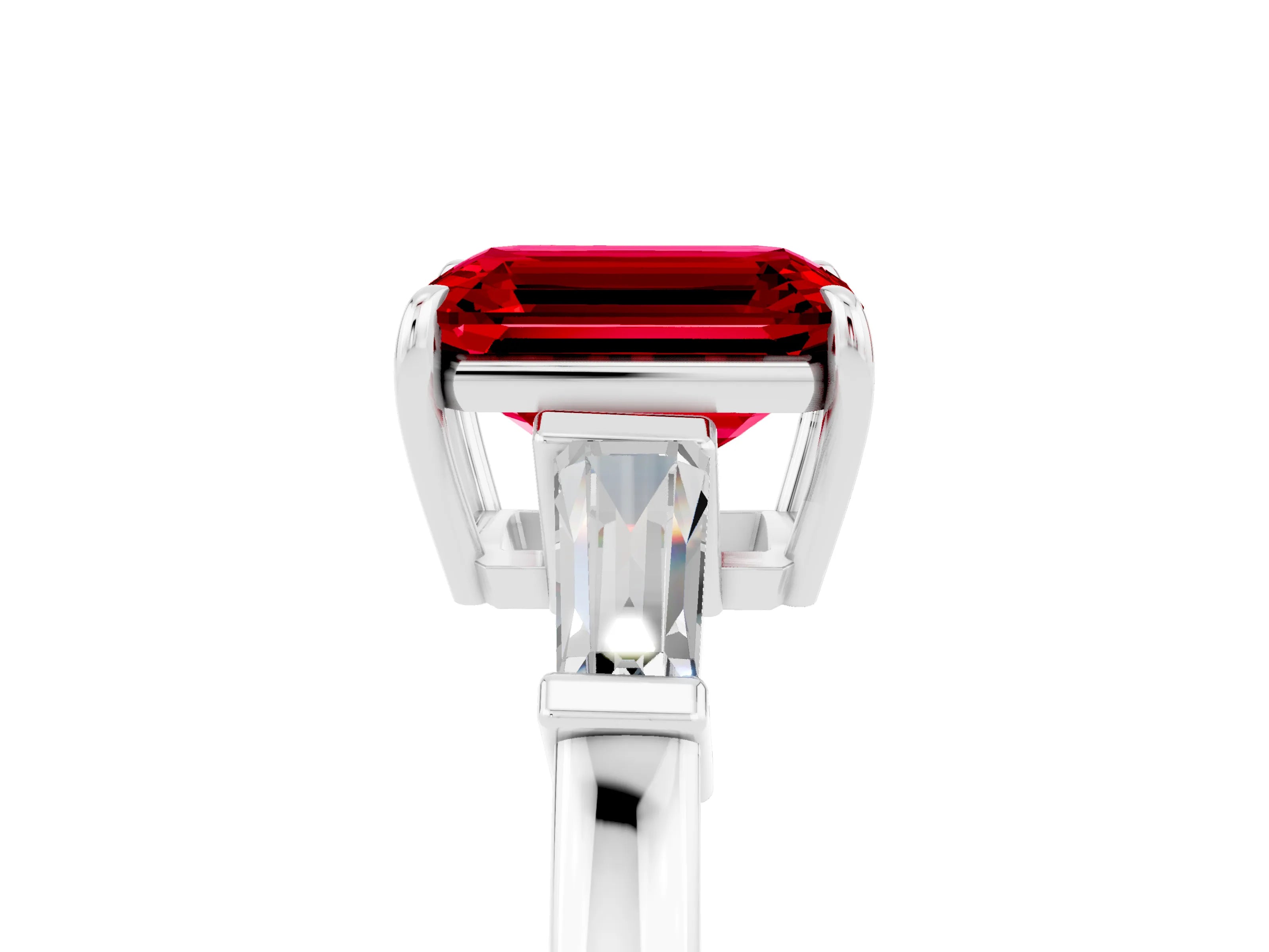 White gold Emerald Cut Cut Diamond Ring with Tapered Baguette Side Stones in Four-Prong Setting_5