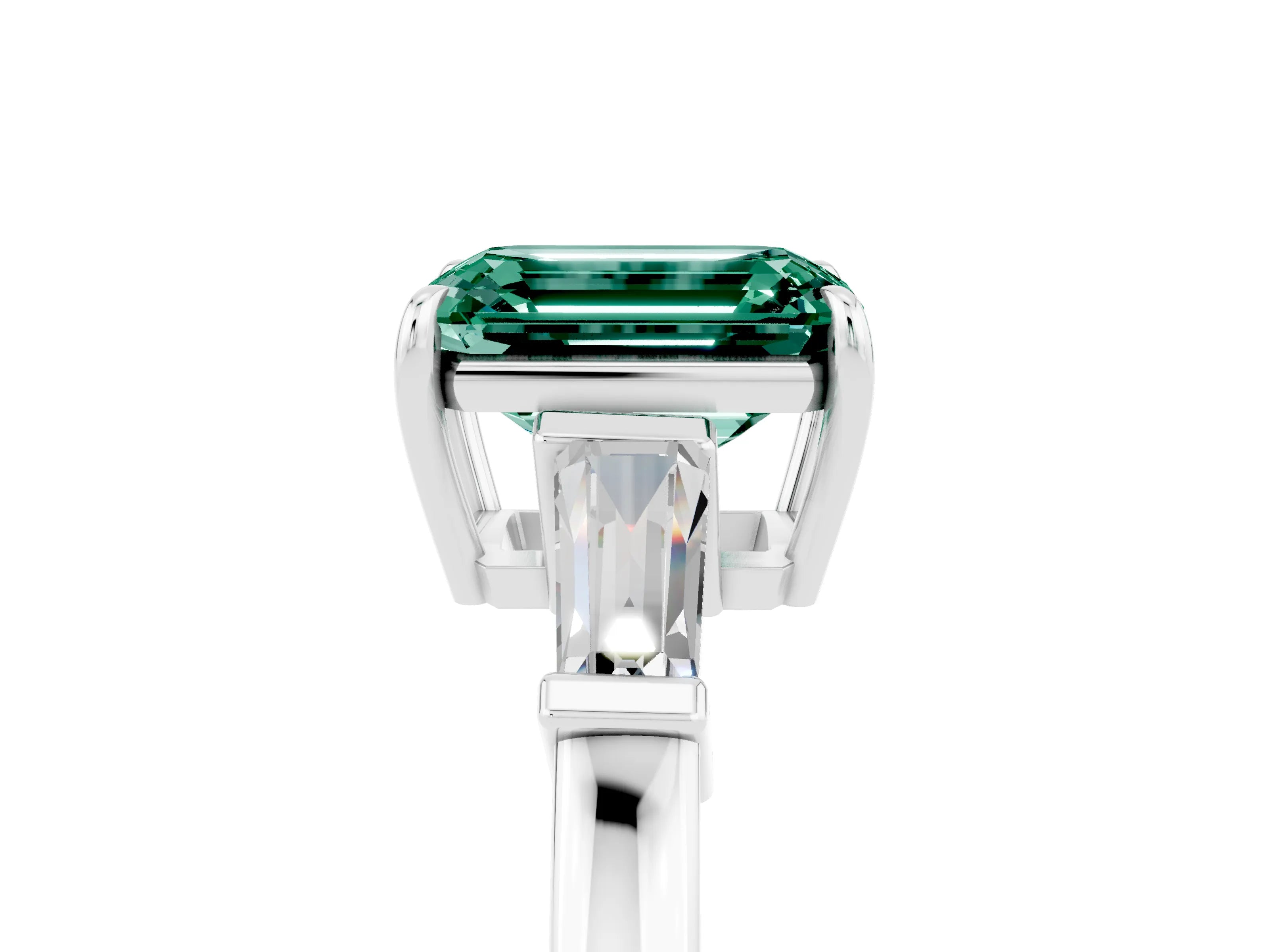 White gold Emerald Cut Cut Diamond Ring with Tapered Baguette Side Stones in Four-Prong Setting_5