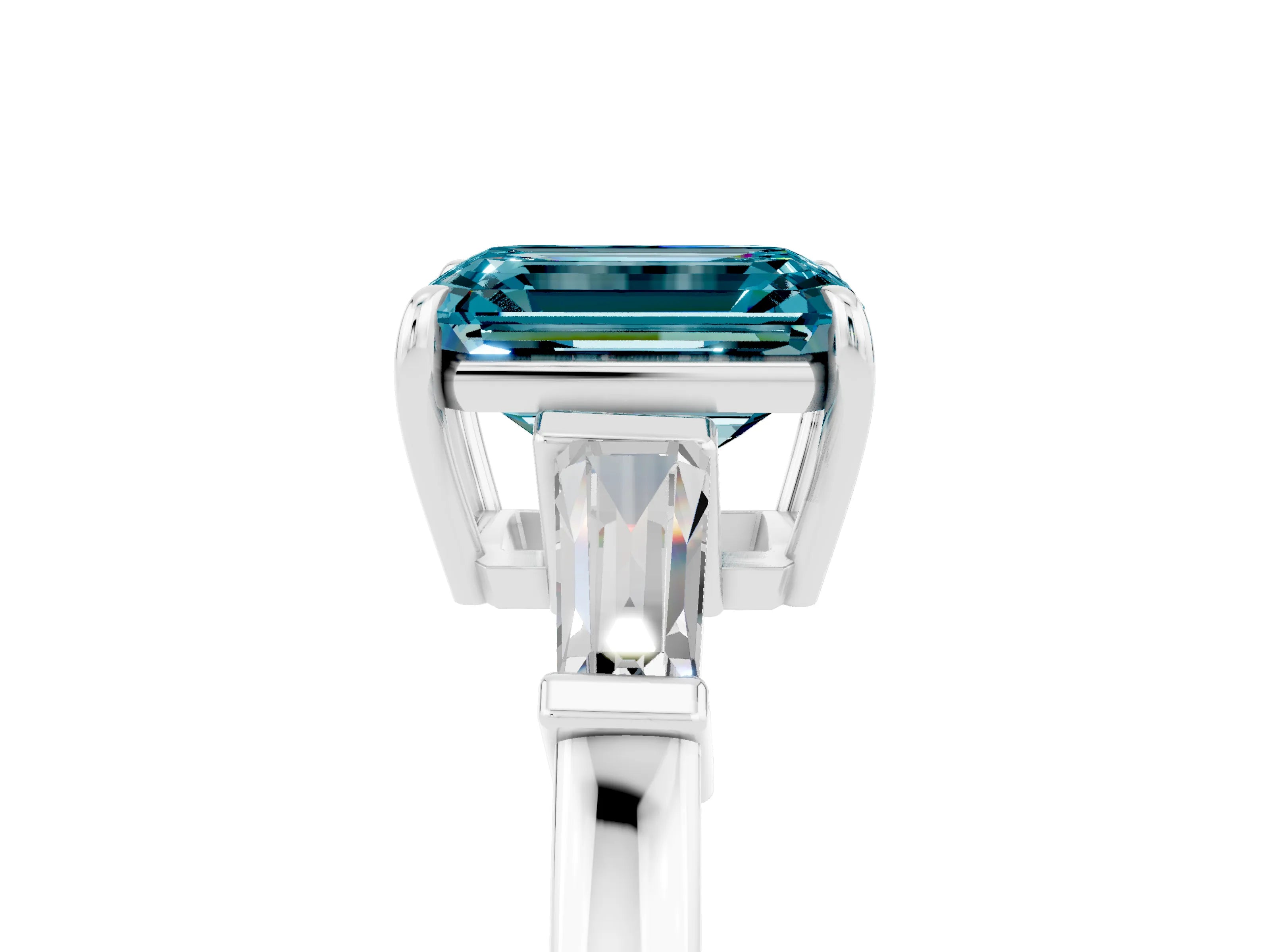 White gold Emerald Cut Cut Diamond Ring with Tapered Baguette Side Stones in Four-Prong Setting_5