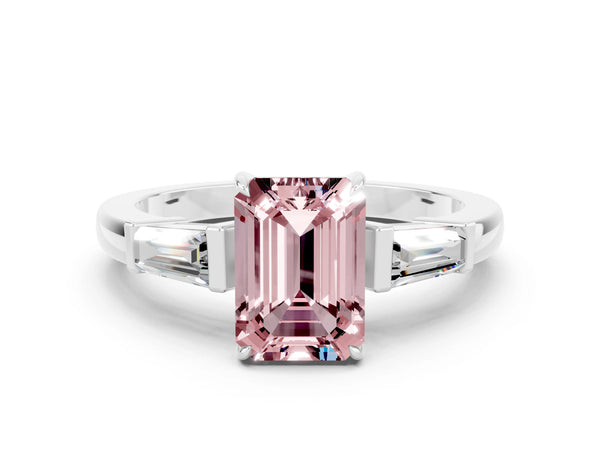 Platinum Emerald Cut Cut Diamond Ring with Tapered Baguette Side Stones in Four-Prong Setting