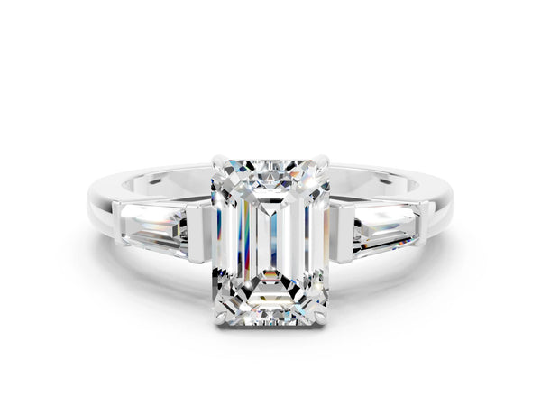 Silver Emerald Cut Moissanite Three-Stone Ring with Tapered Baguette Side Stones and Prong Setting