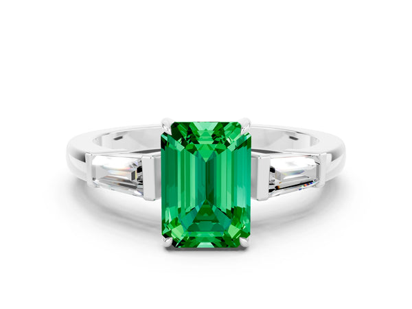 Silver Emerald Cut Emerald Three-Stone Ring with Tapered Baguette Side Stones and Prong Setting