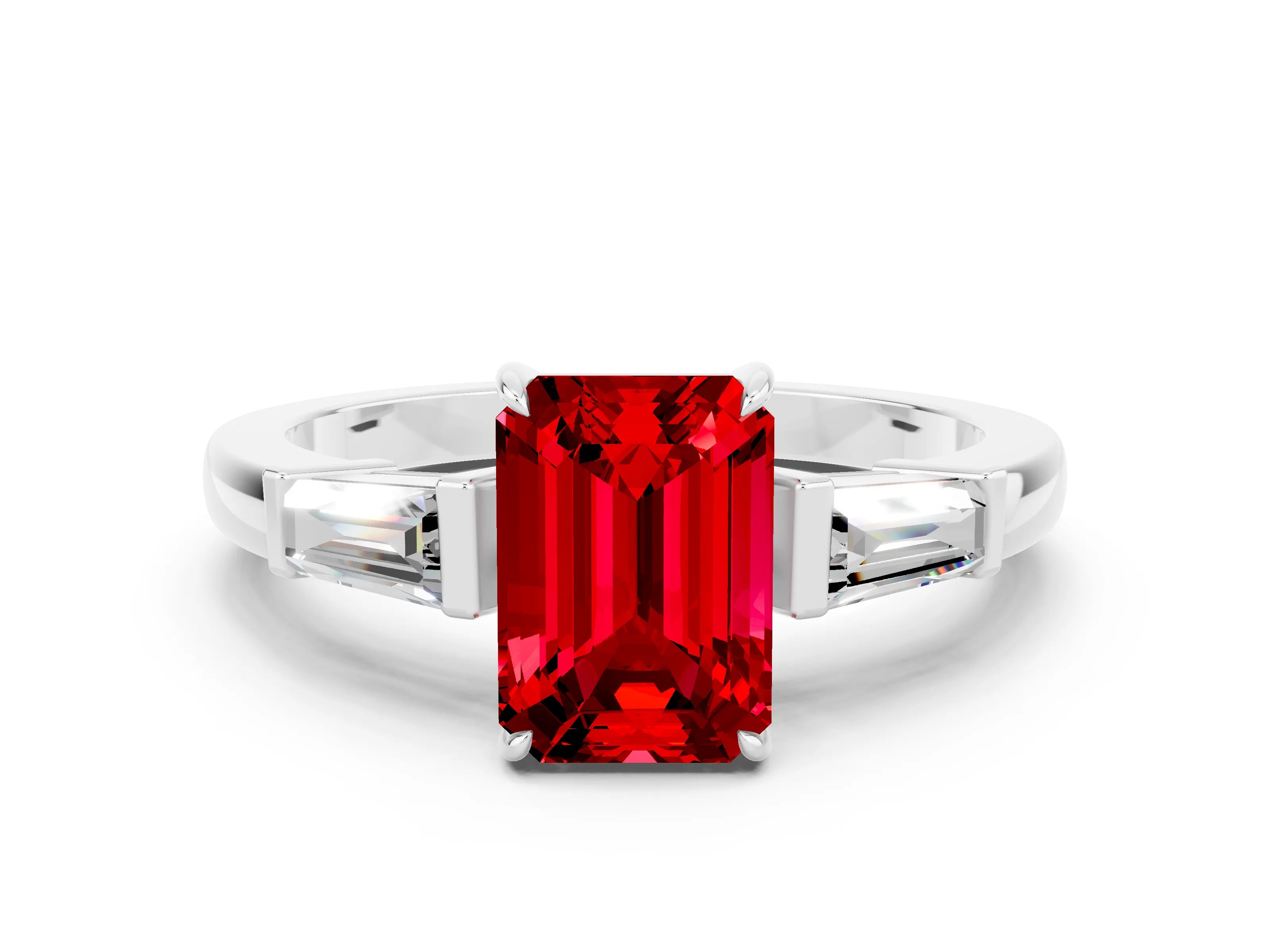 White gold Emerald Cut Cut Diamond Ring with Tapered Baguette Side Stones in Four-Prong Setting
