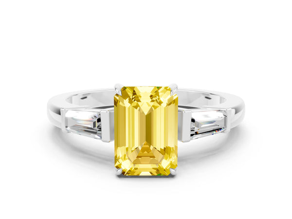Platinum Emerald Cut Yellow Sapphire Three-Stone Ring with Tapered Baguette Side Stones and Prong Setting
