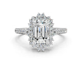 White gold Emerald Cut Cut Diamond Sunburst Halo Engagement Ring with Pavé Band_147