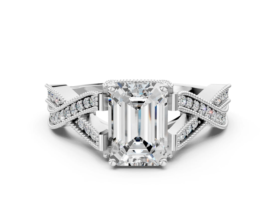 White gold Emerald Cut Cut Diamond Twisted Band with Milgrain Pave Setting and Four-Prong Setting_18