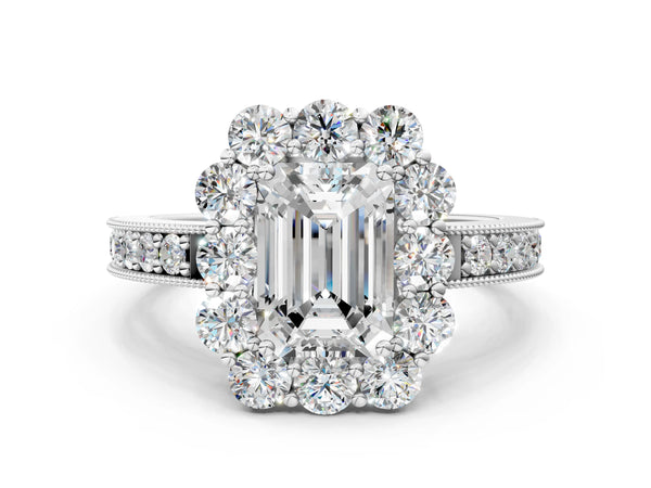 White gold Princess Cut Halo Diamond Pavé Engagement Ring with Milgrain Detailing